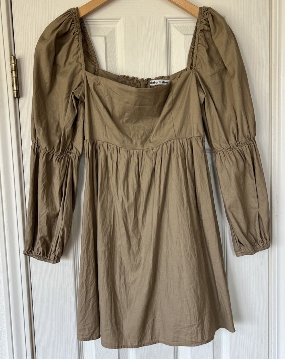 Reformation Michaela Mini Dress Babydoll, Tan Square Neck Puff Sleeve Sz 2 XS